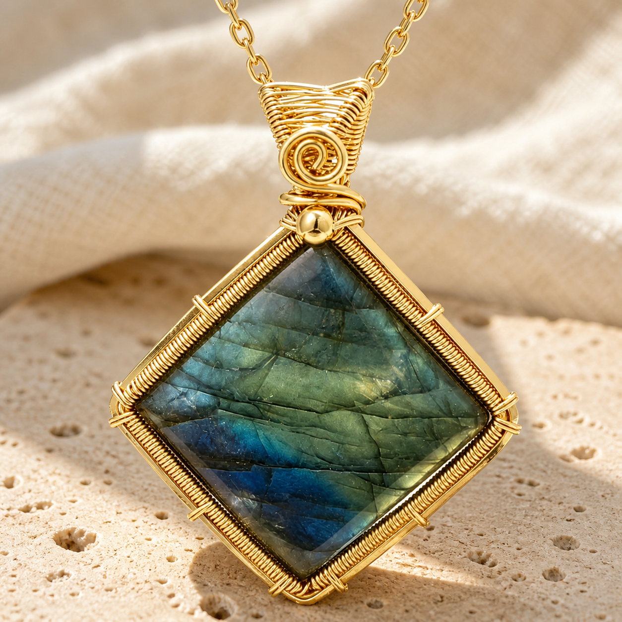 Collier Labradorite Femme, Pendentif Serti Fil de Cuivre — détail matière et finition