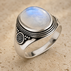 Grosse Bague Pierre de Lune Ovale 10x14 mm, Rétro Argentée — détail pierre et monture