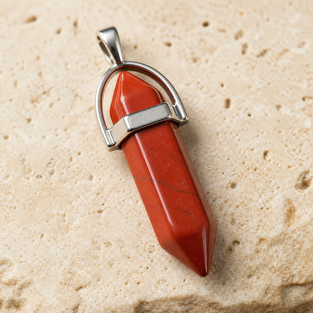 Pendentif Pointe - Jaspe Rouge — détail de la pierre et du sertissage
