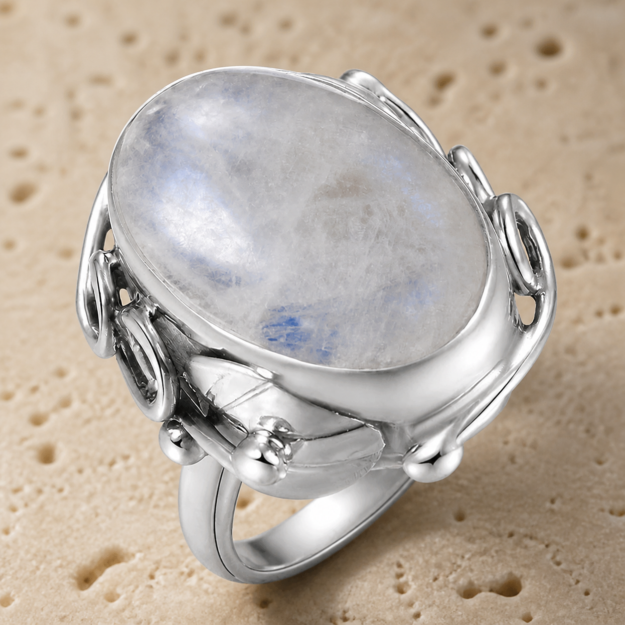 Bague Homme Pierre de Lune, Ovale Rétro Unisexe Argentée — détail pierre et monture
