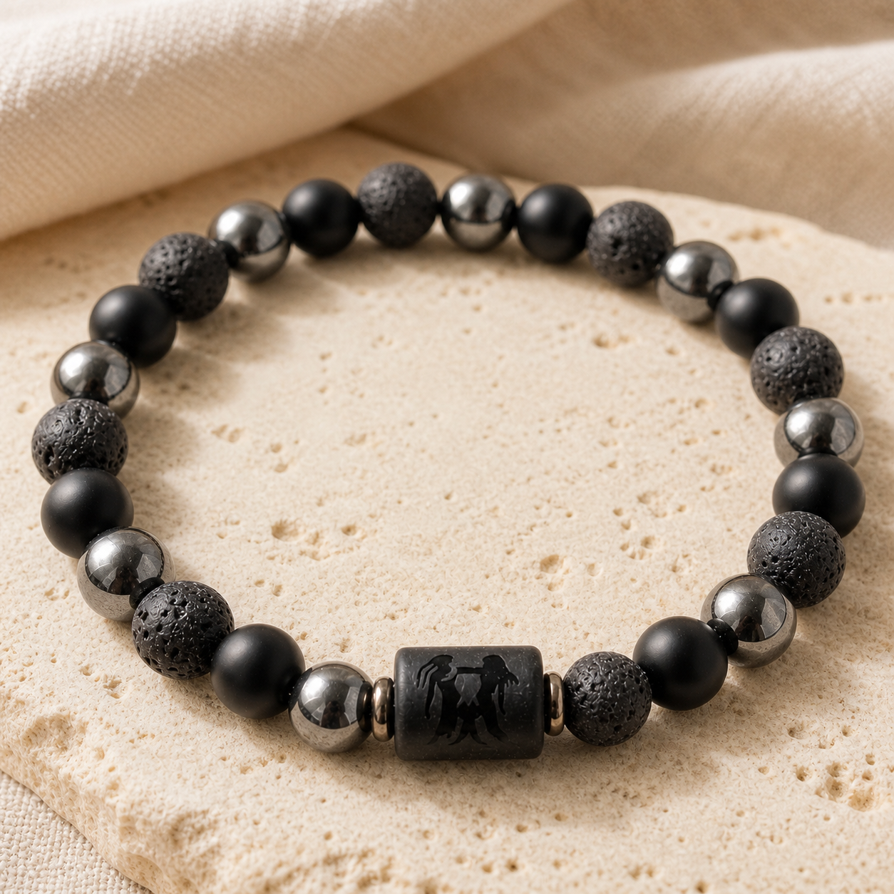 Bracelet Signe Astrologique Gémeaux — Lave, Hématite et Onyx — détail matière et finition