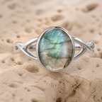 Bague Labradorite Bleue Ovale 8x10 mm, Finition Argentée — détail pierre et monture