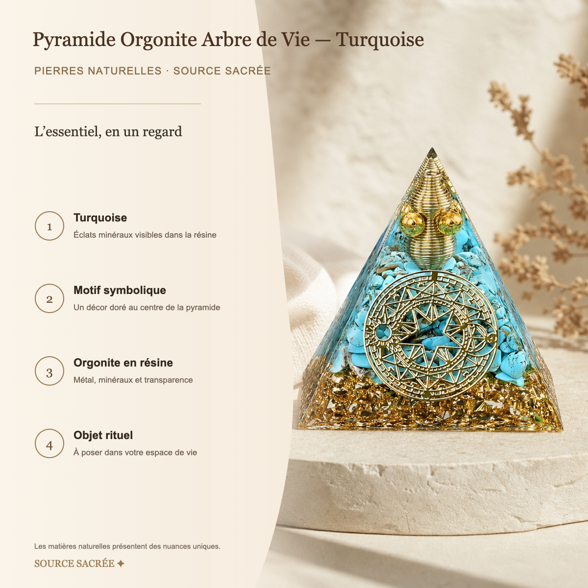 Pyramide Orgonite Arbre de Vie - Turquoise — fiche descriptive