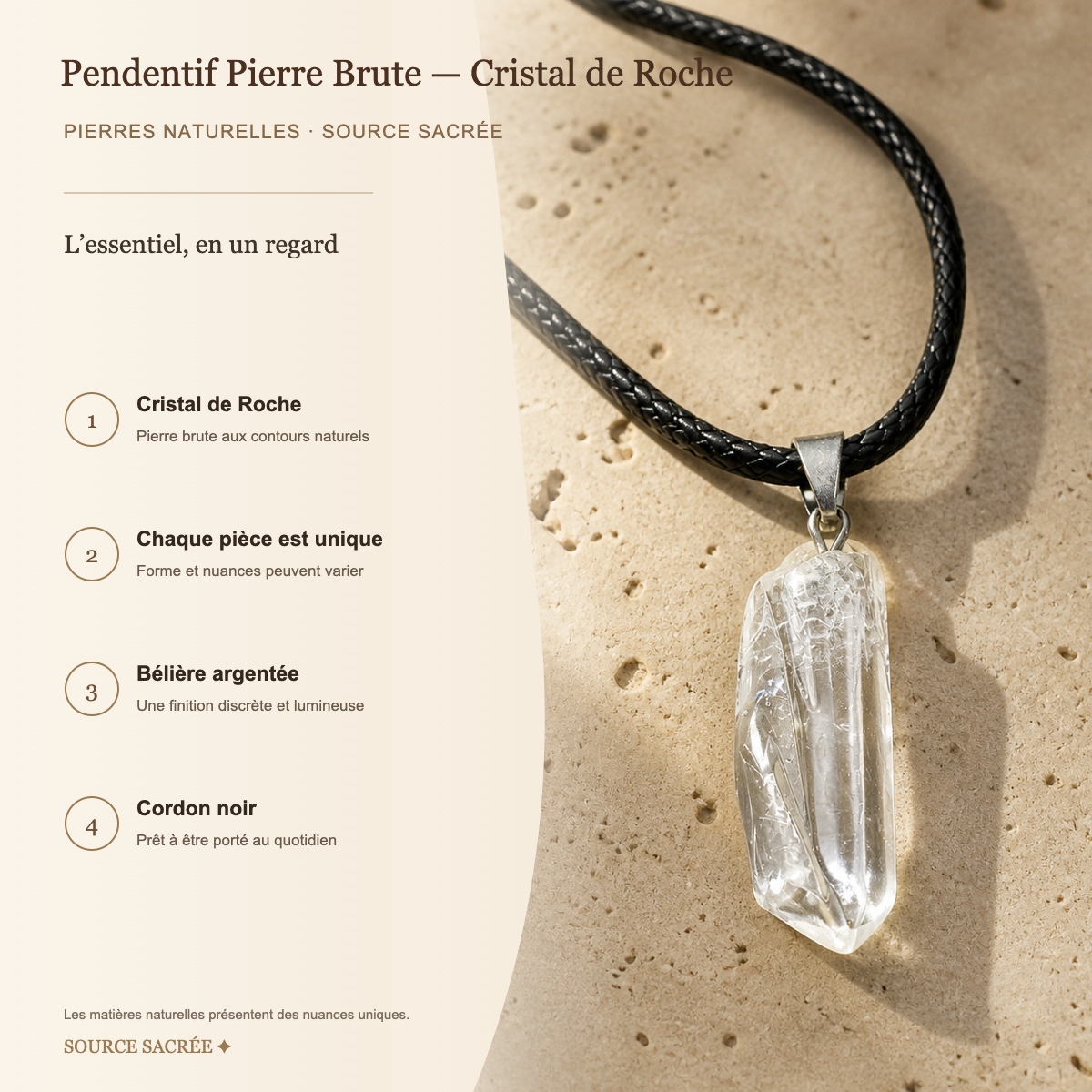Pendentif Pierre Brute - Cristal de Roche — fiche descriptive