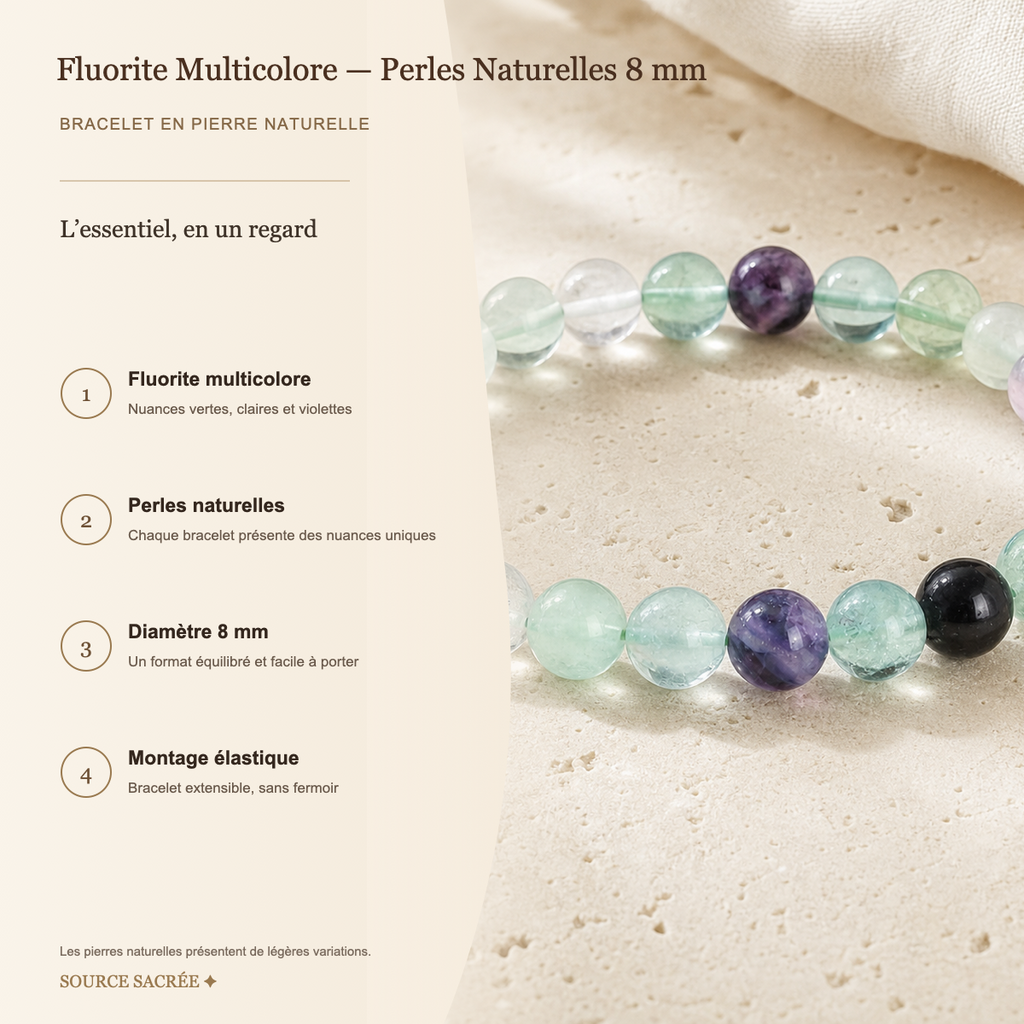 Bracelet Fluorite Multicolore — Perles Naturelles 8 mm — fiche descriptive