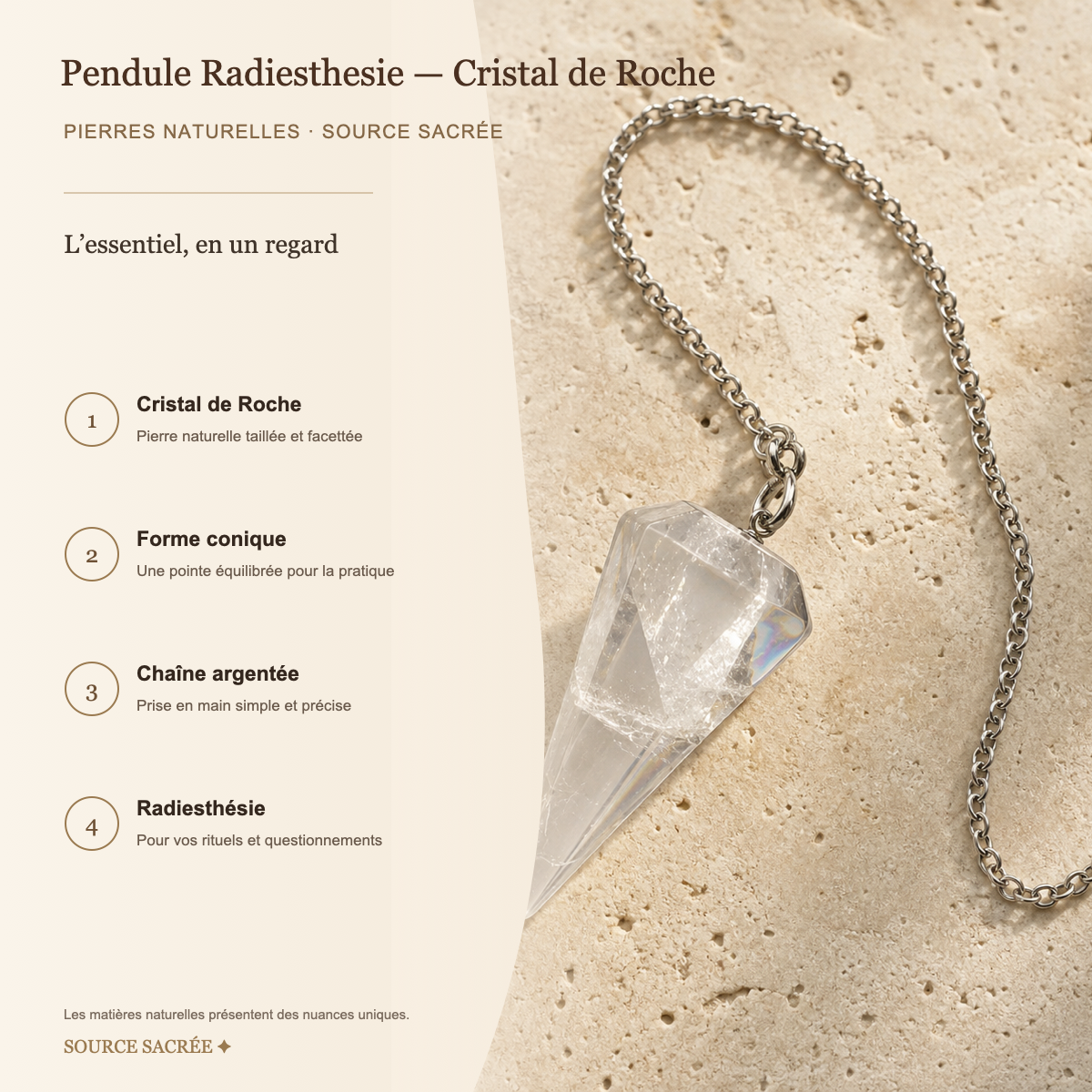 Pendule Radiesthesie - Cristal de Roche — fiche descriptive