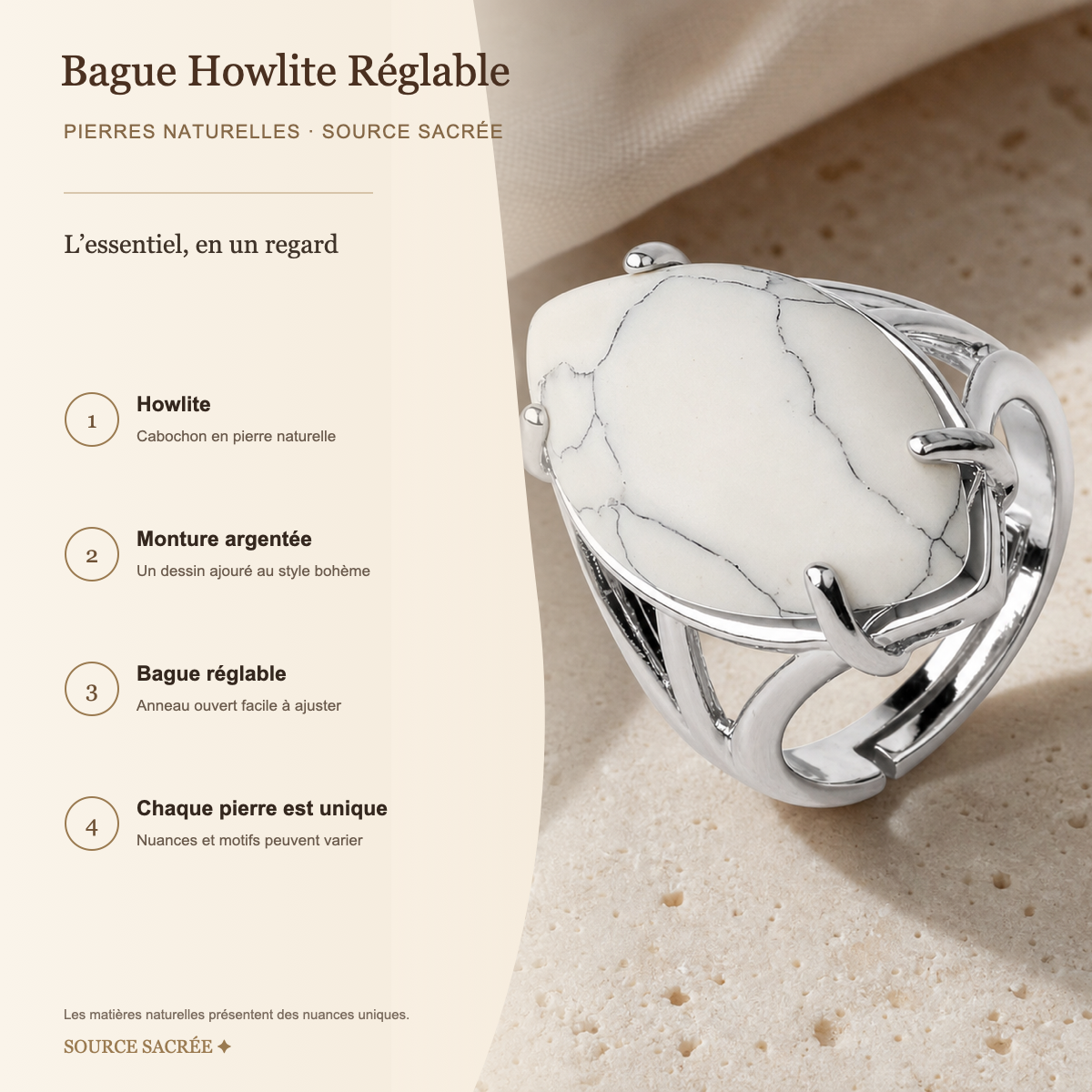 Bague Howlite Réglable — fiche descriptive
