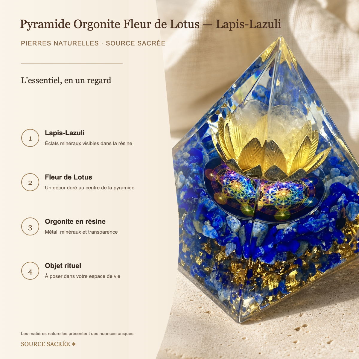 Pyramide Orgonite Fleur de Lotus - Lapis-Lazuli — fiche descriptive