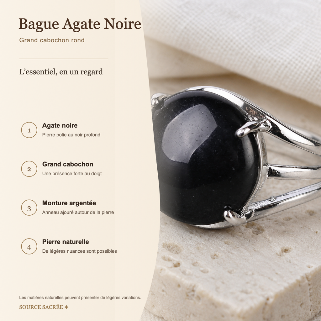 Bague Agate Noire Cabochon — fiche descriptive
