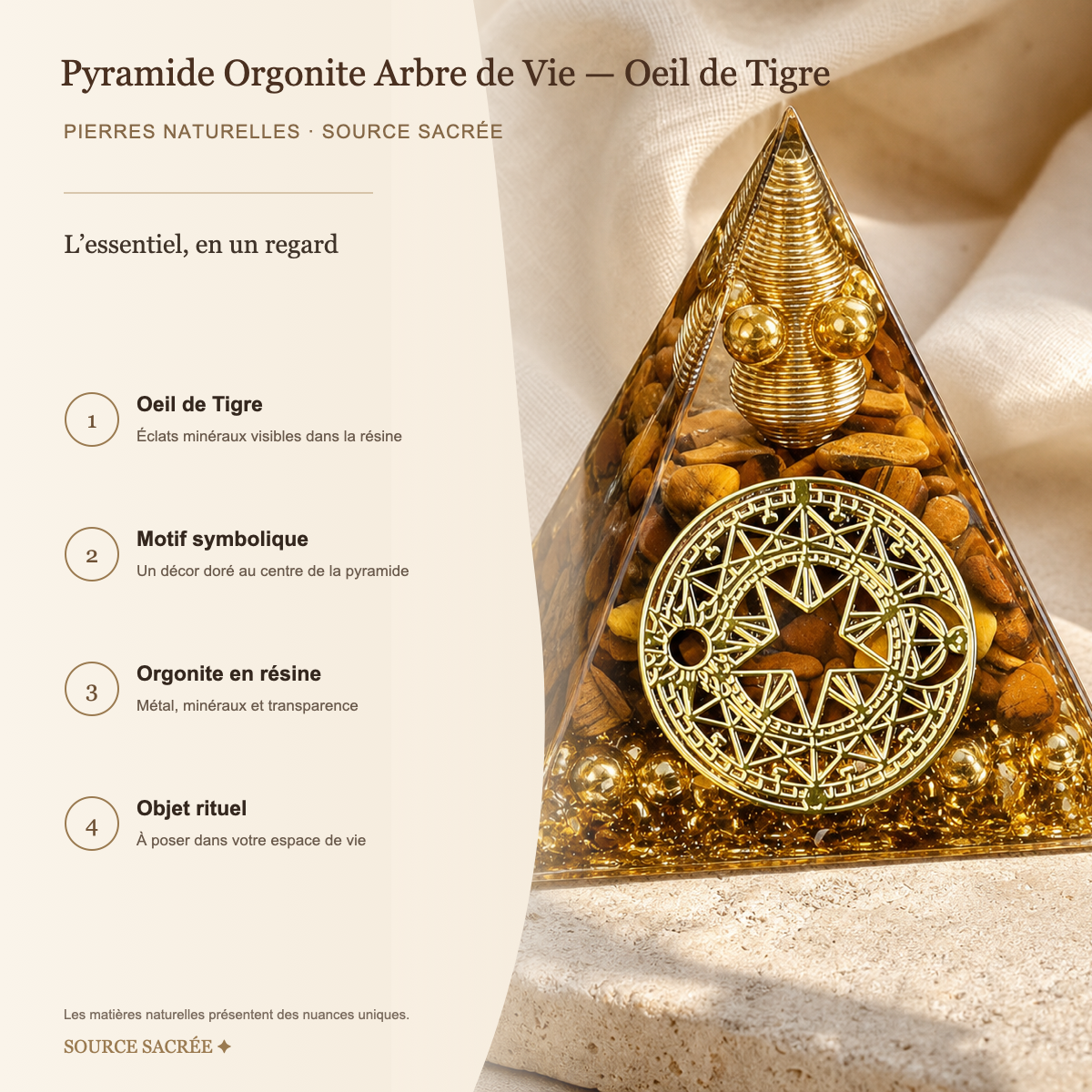 Pyramide Orgonite Arbre de Vie - Oeil de Tigre — fiche descriptive