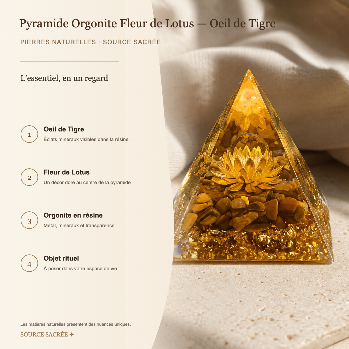 Pyramide Orgonite Fleur de Lotus - Oeil de Tigre — fiche descriptive
