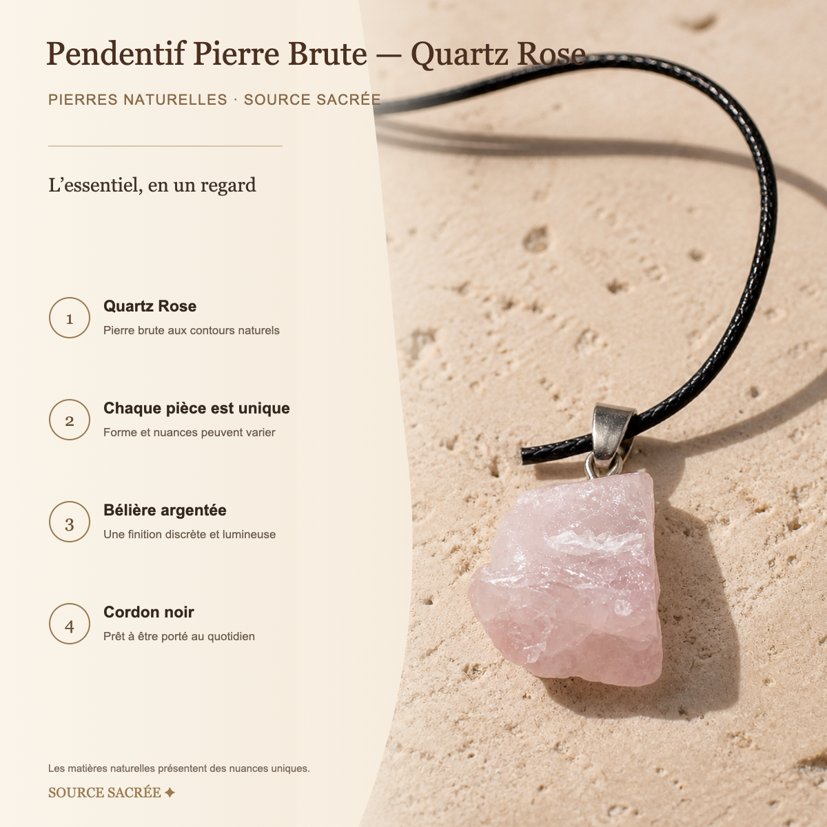 Pendentif Pierre Brute - Quartz Rose — fiche descriptive