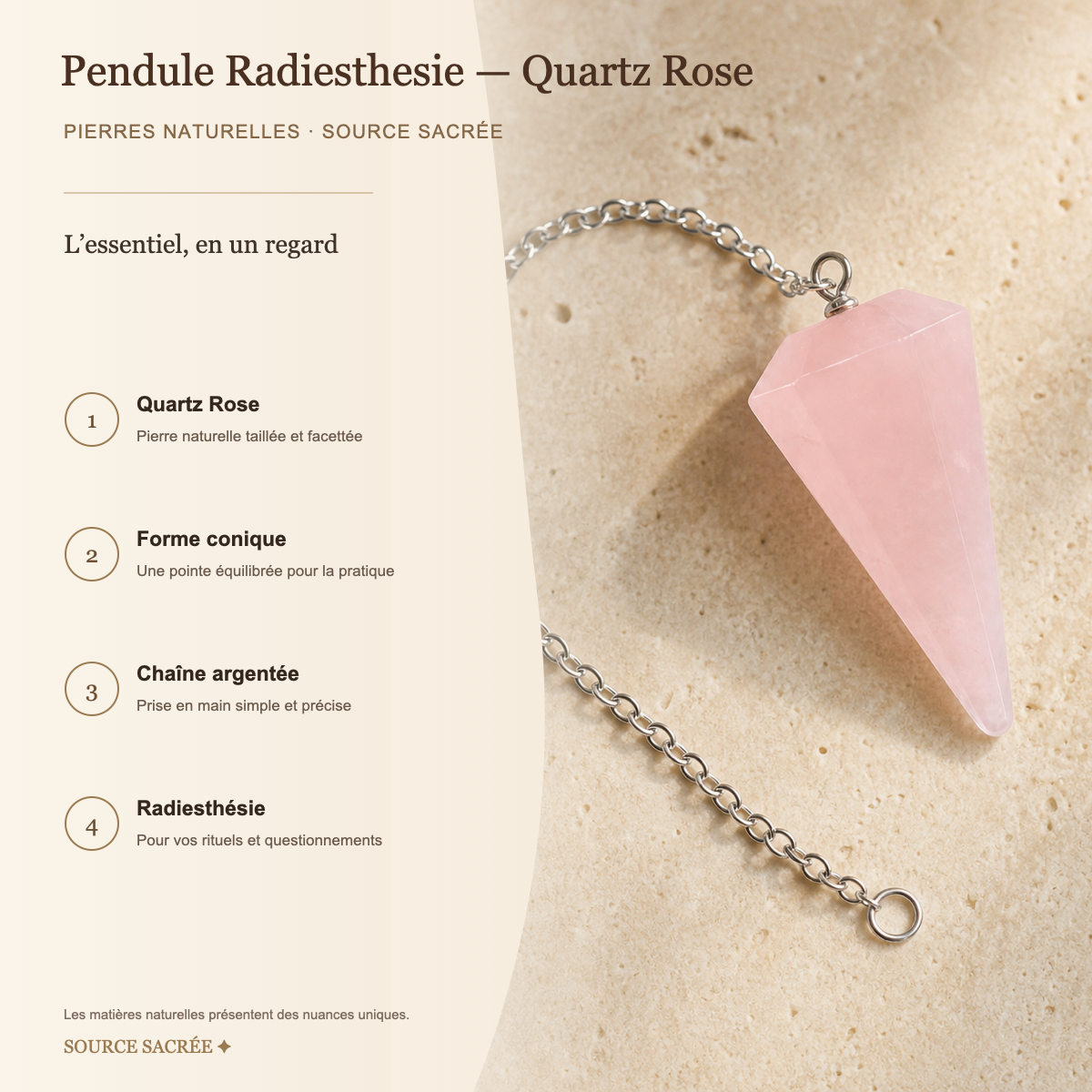 Pendule Radiesthesie - Quartz Rose — fiche descriptive
