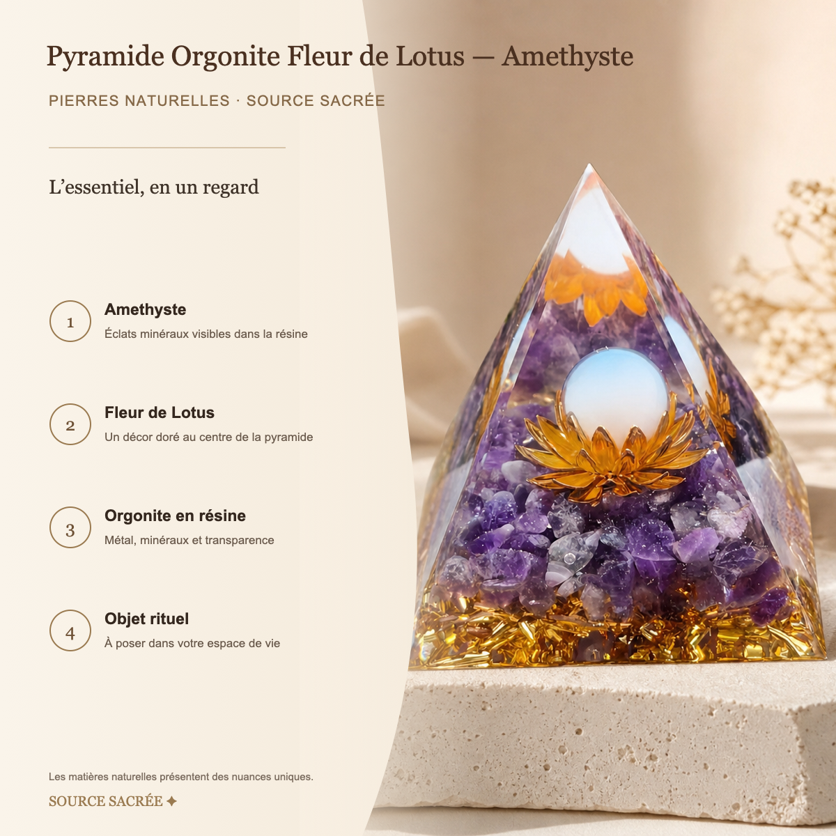 Pyramide Orgonite Fleur de Lotus - Amethyste — fiche descriptive