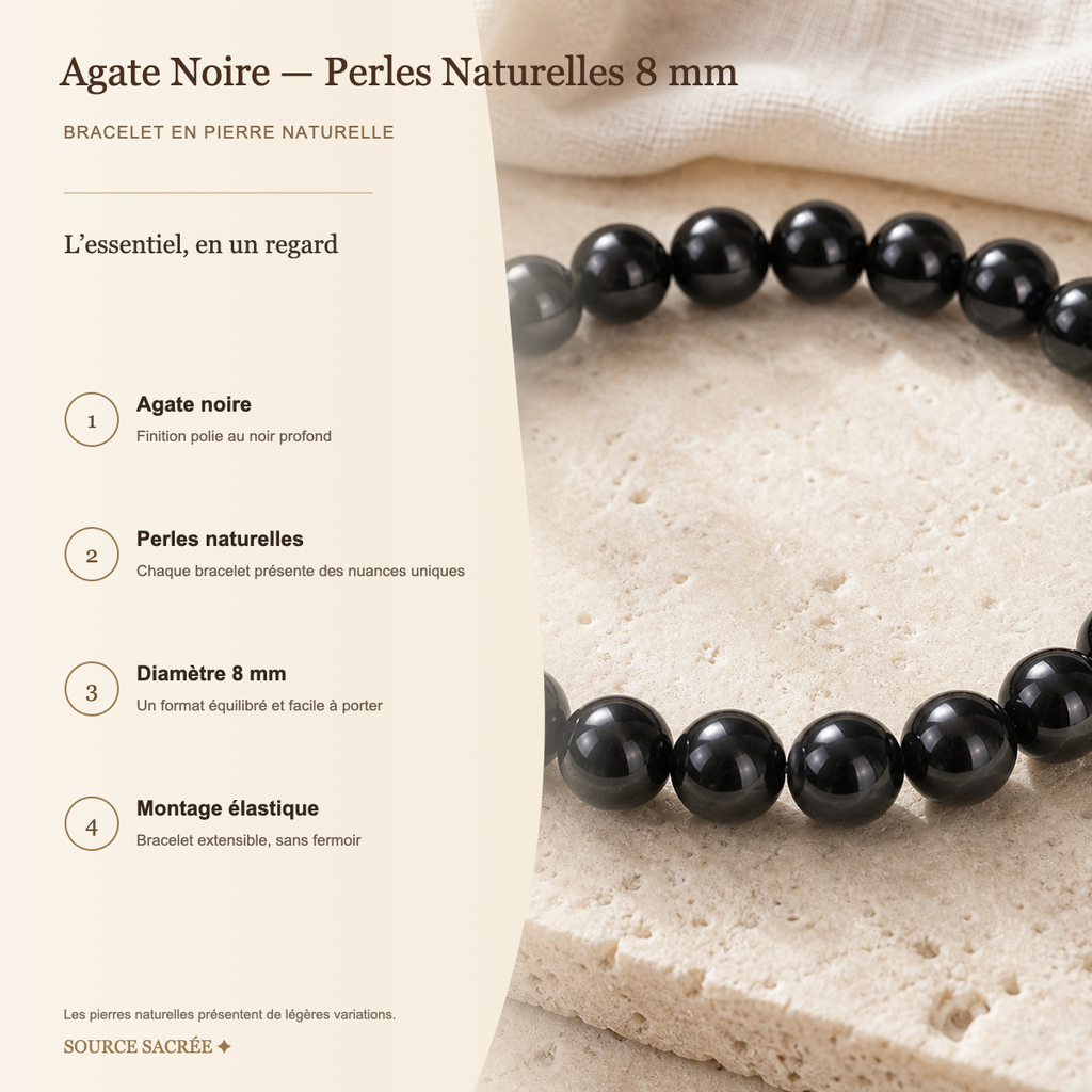 Bracelet Agate Noire — Perles Naturelles 8 mm — fiche descriptive