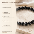 Bracelet Agate Noire — Perles Naturelles 8 mm — fiche descriptive