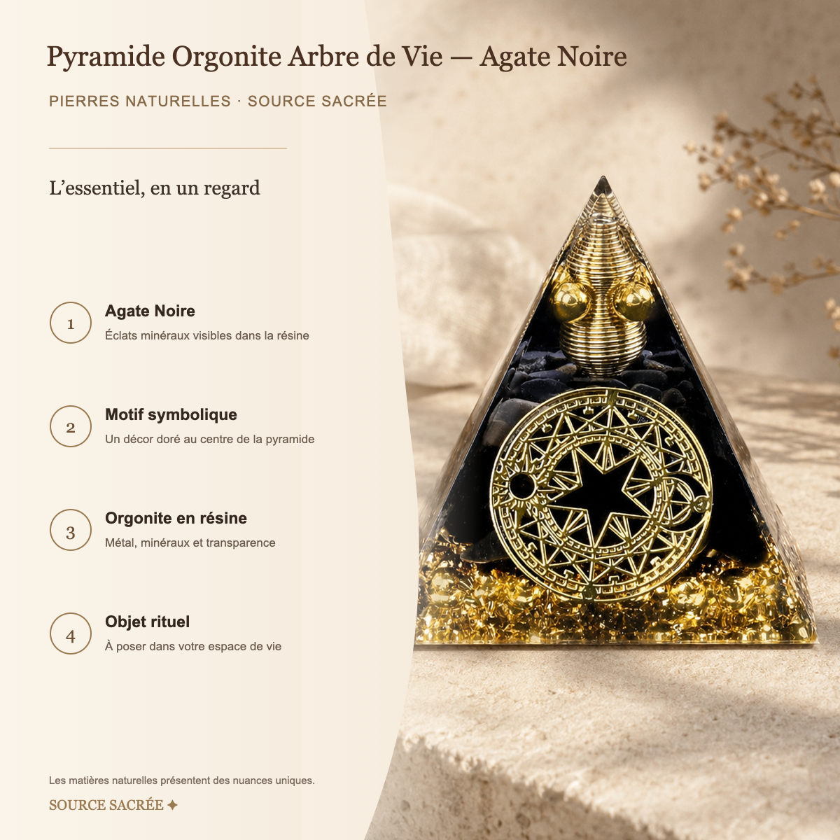 Pyramide Orgonite Arbre de Vie - Agate Noire — fiche descriptive