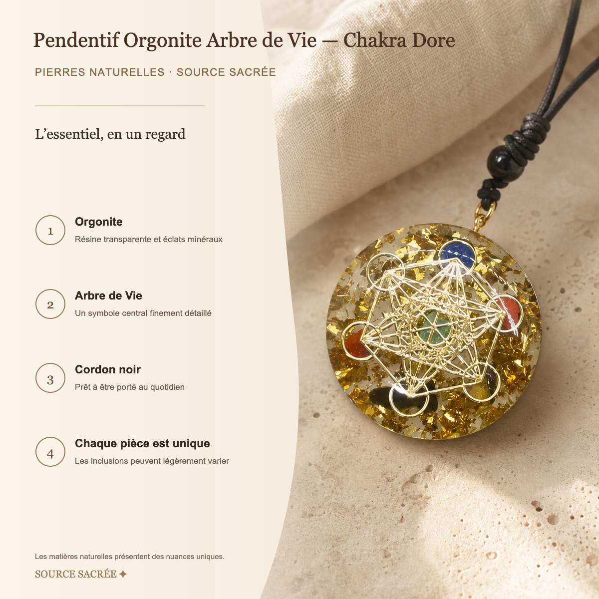 Pendentif Orgonite Arbre de Vie - Chakra Dore — fiche descriptive