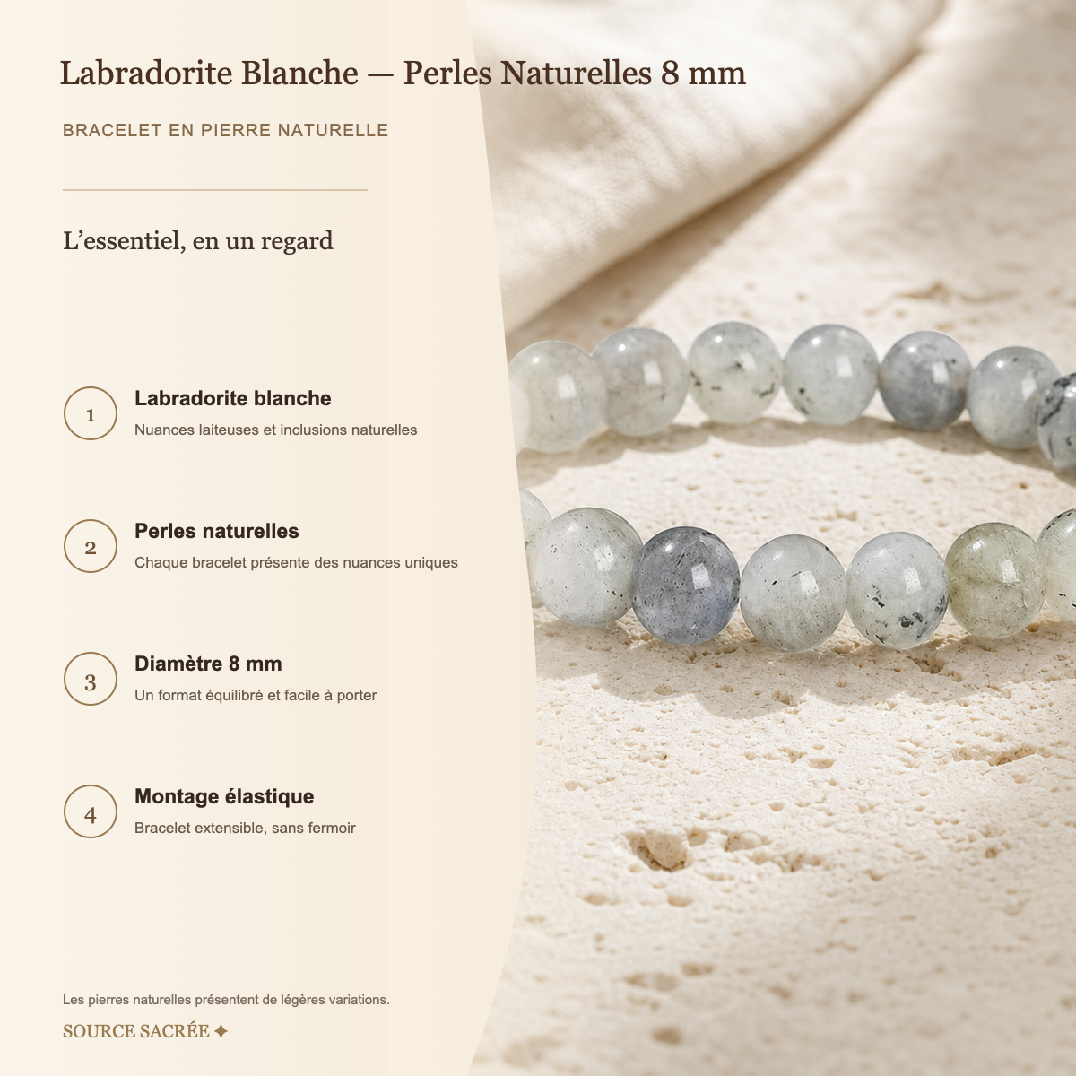 Bracelet Labradorite Blanche — Perles Naturelles 8 mm — fiche descriptive