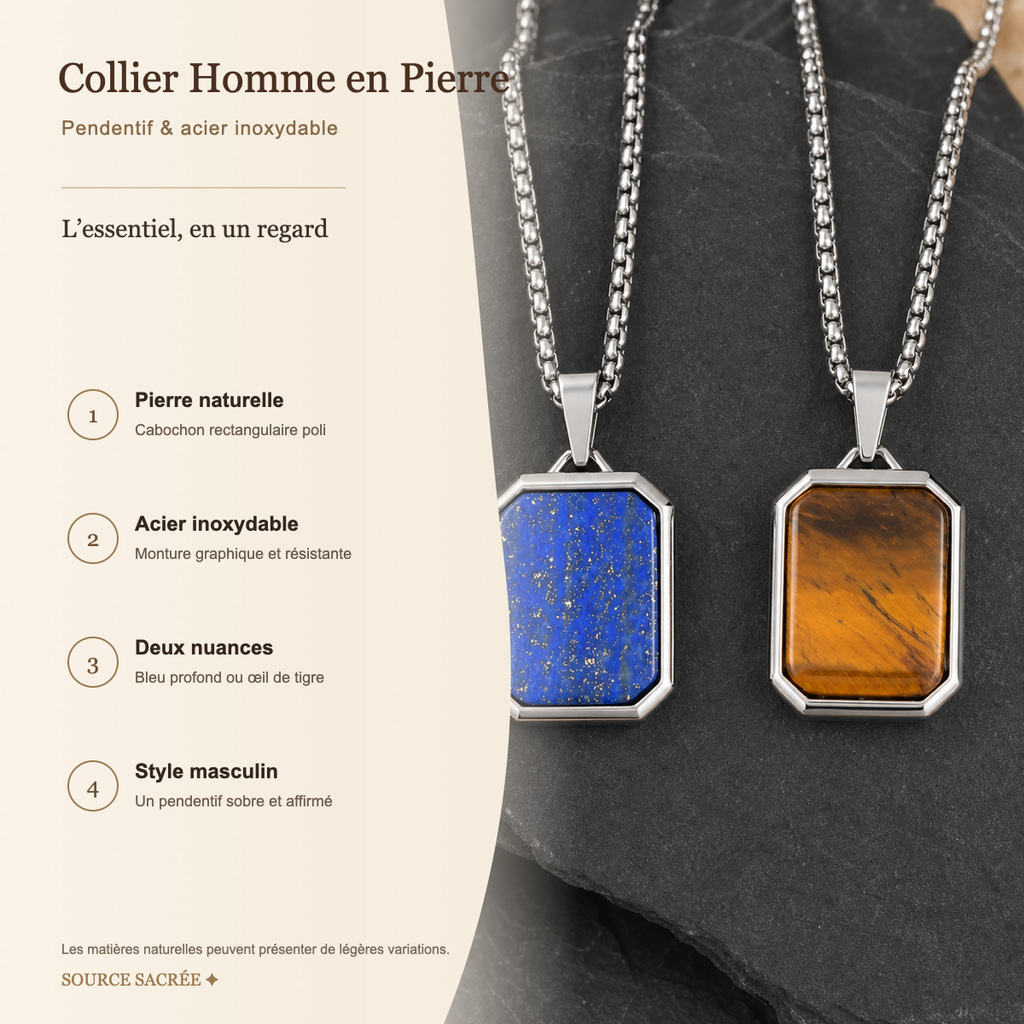 Collier Homme Pierre Naturelle – Pendentif Acier Inoxydable — fiche descriptive