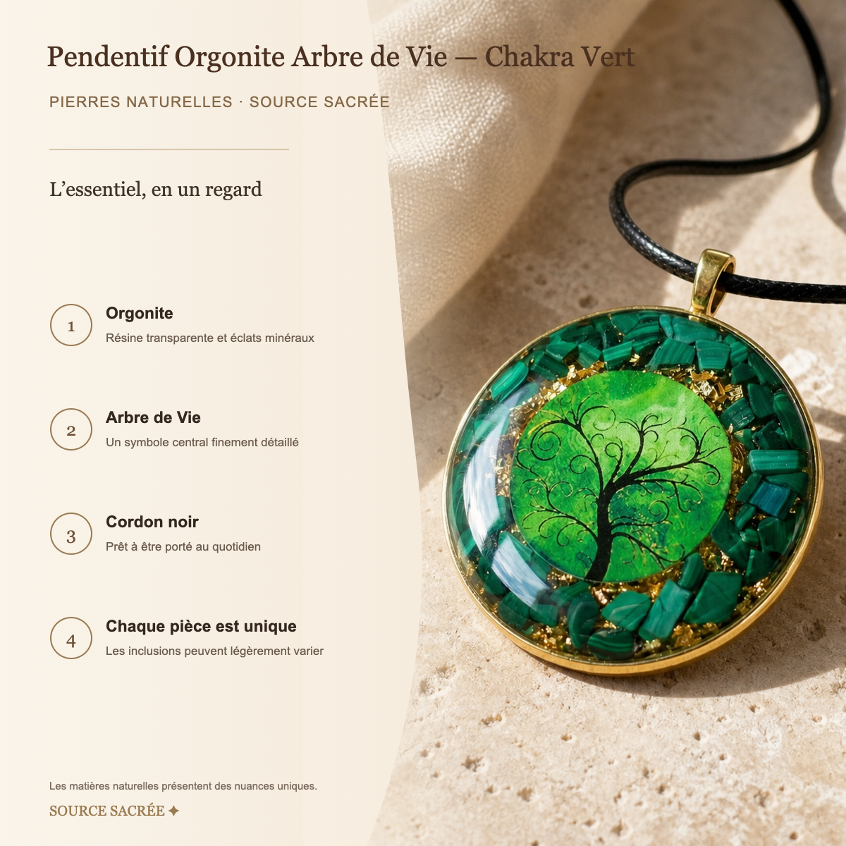 Pendentif Orgonite Arbre de Vie - Chakra Vert — fiche descriptive