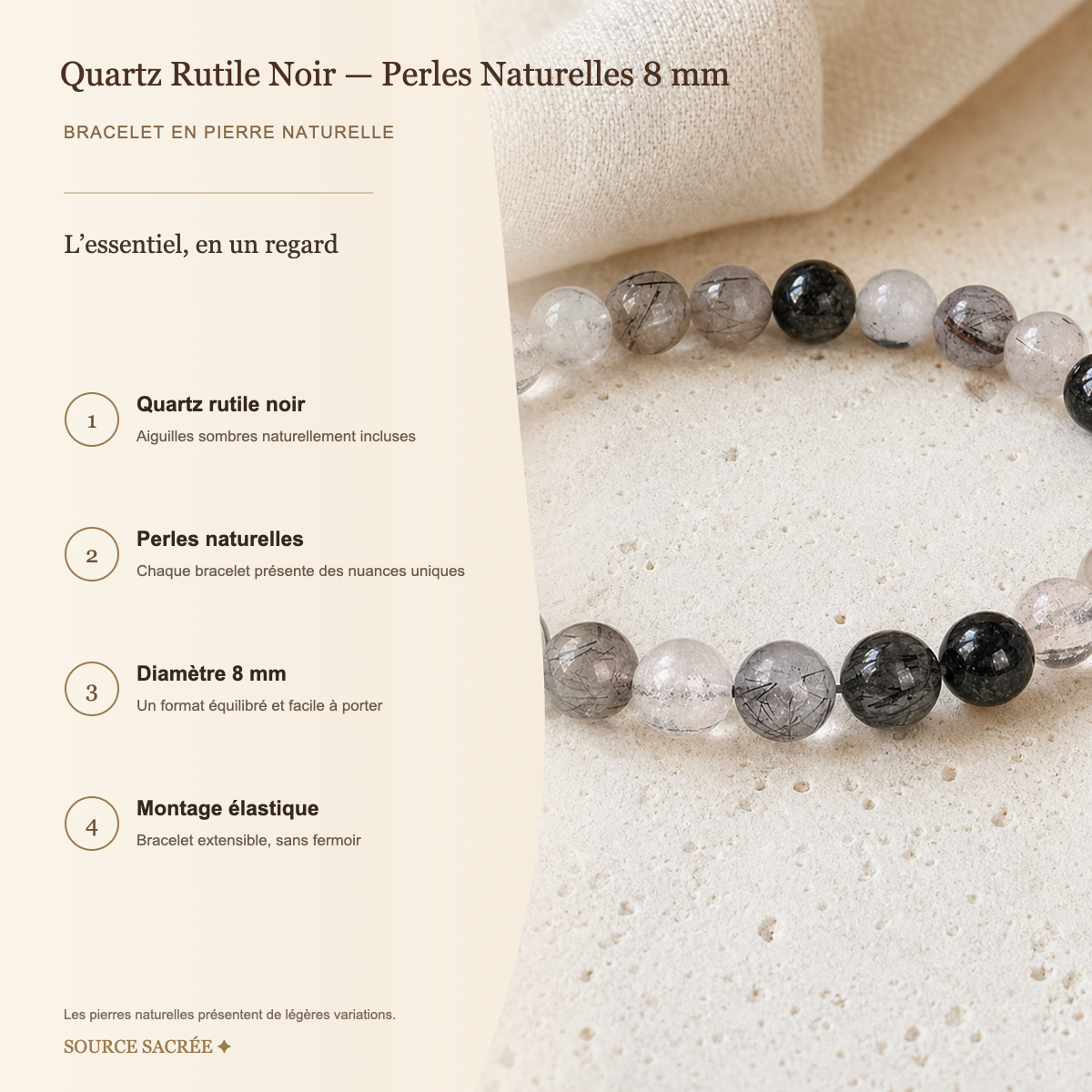 Bracelet Quartz Rutile Noir — Perles Naturelles 8 mm — fiche descriptive