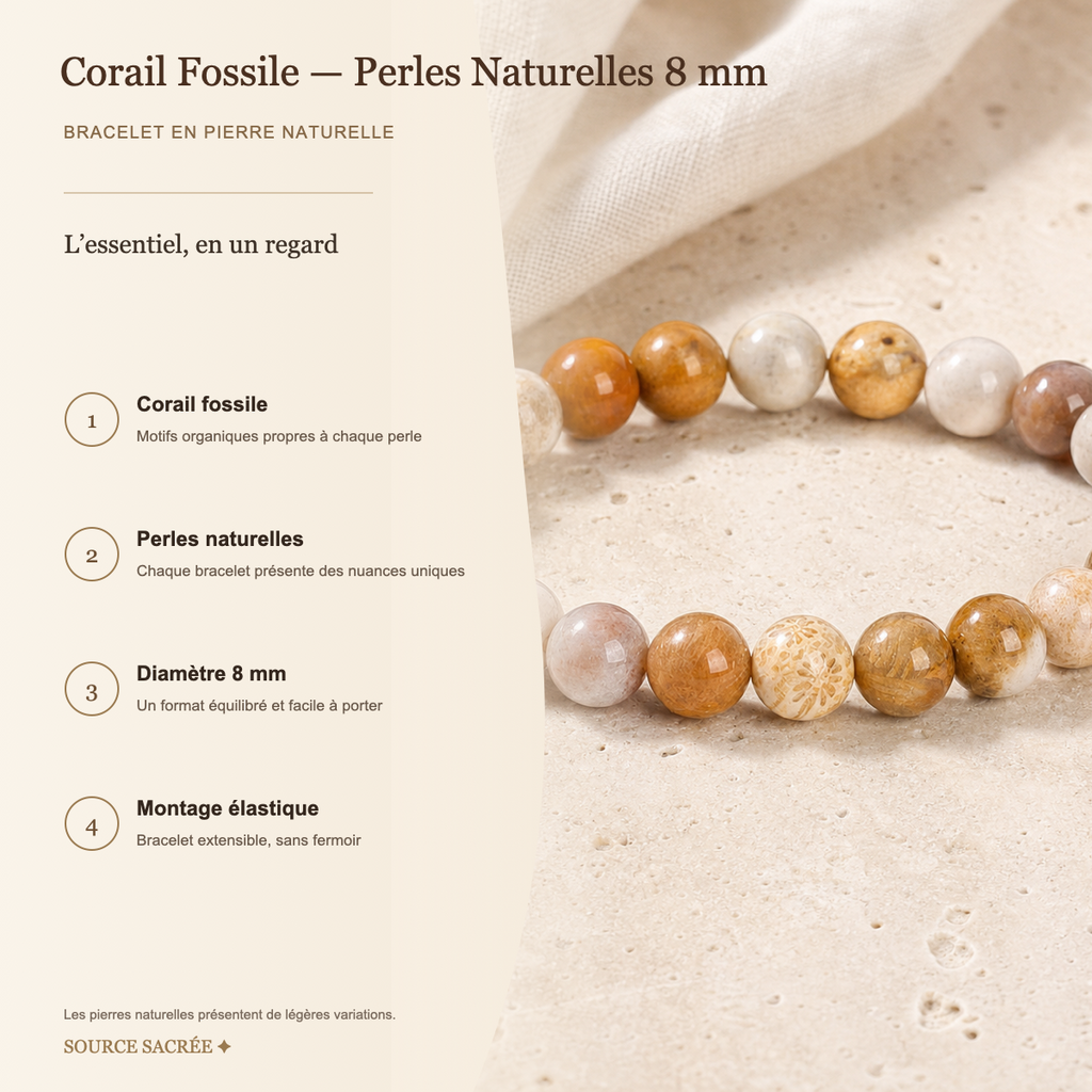 Bracelet Corail Fossile — Perles Naturelles 8 mm — fiche descriptive