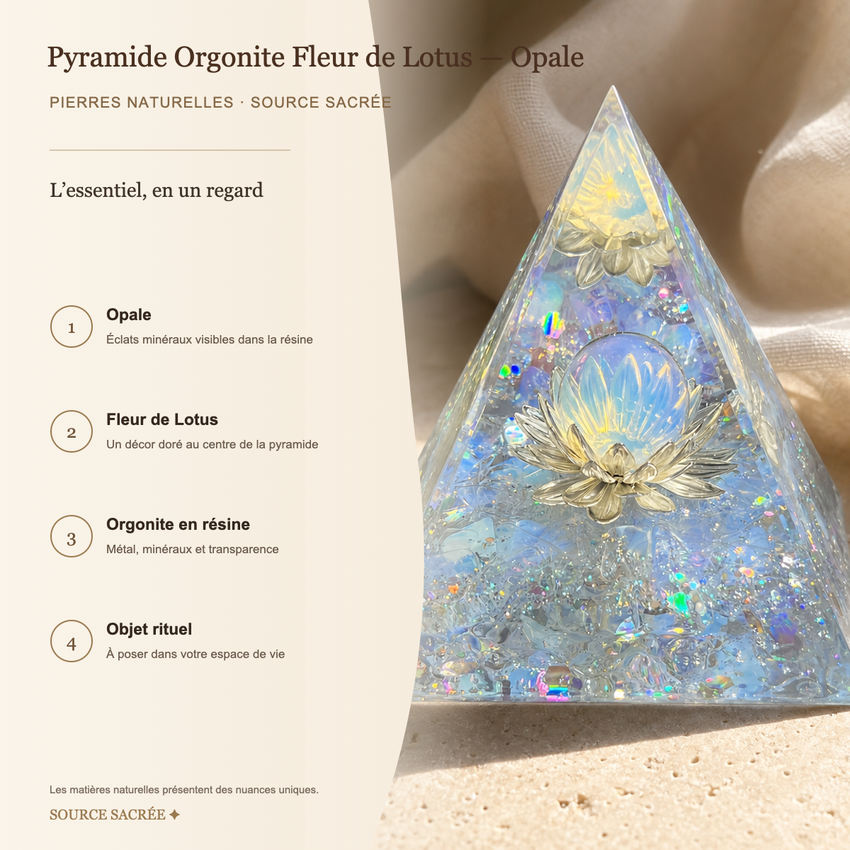 Pyramide Orgonite Fleur de Lotus - Opale — fiche descriptive