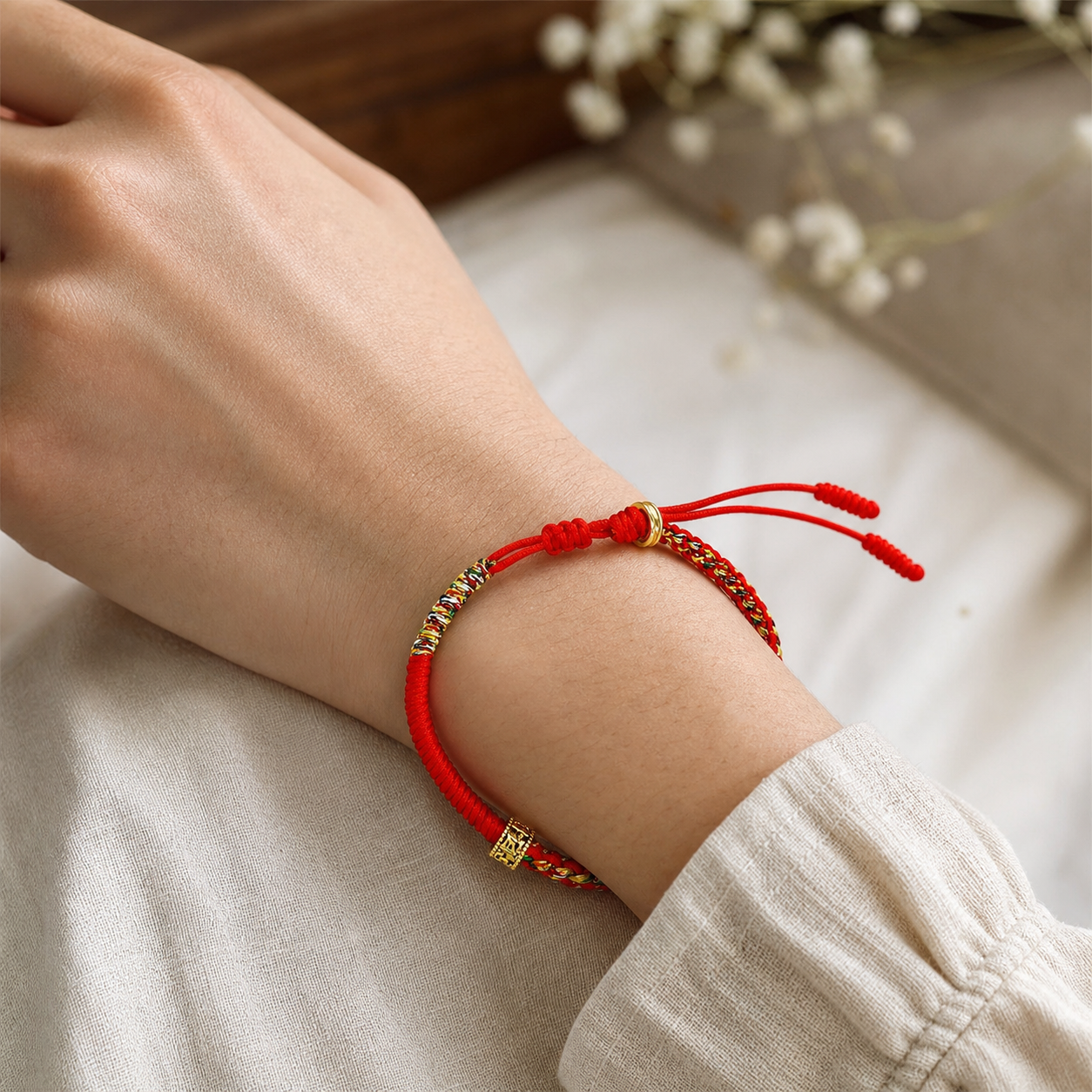 Bracelet Tibétain Tressé Main & Perle Mantra Gravée — vue en situation