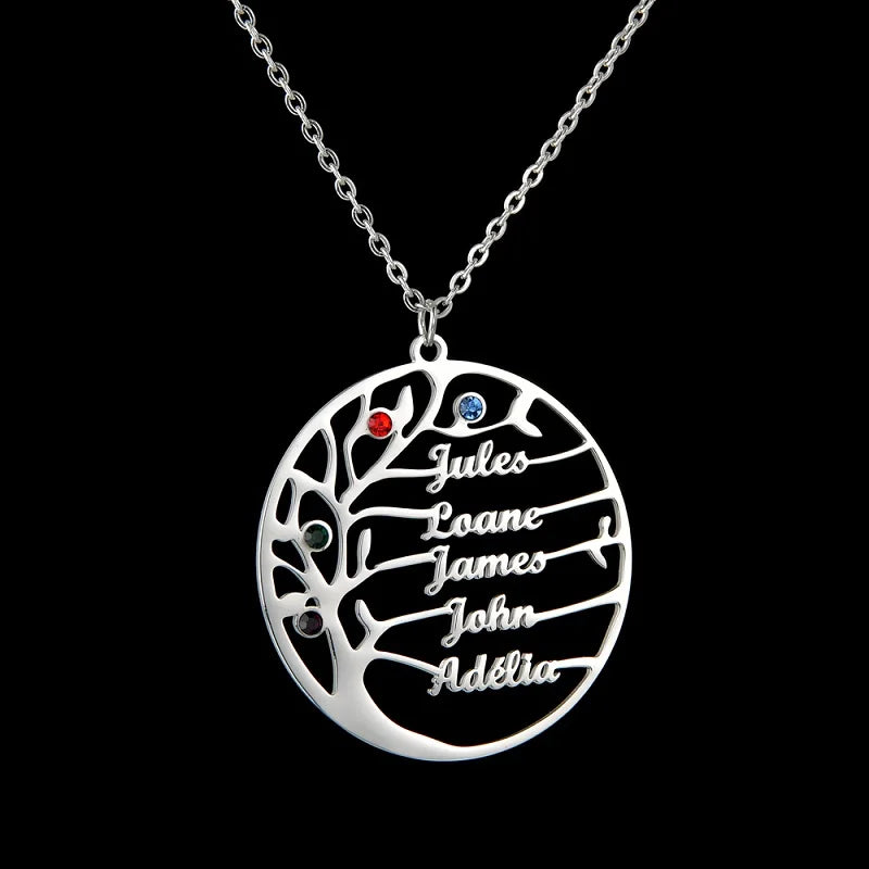 Pendentif cercle arbre de vie argenté, cinq prénoms et cristaux facettés