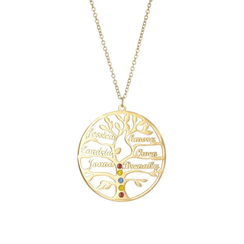 Collier arbre de vie personnalisé doré avec prénoms et cristaux colorés