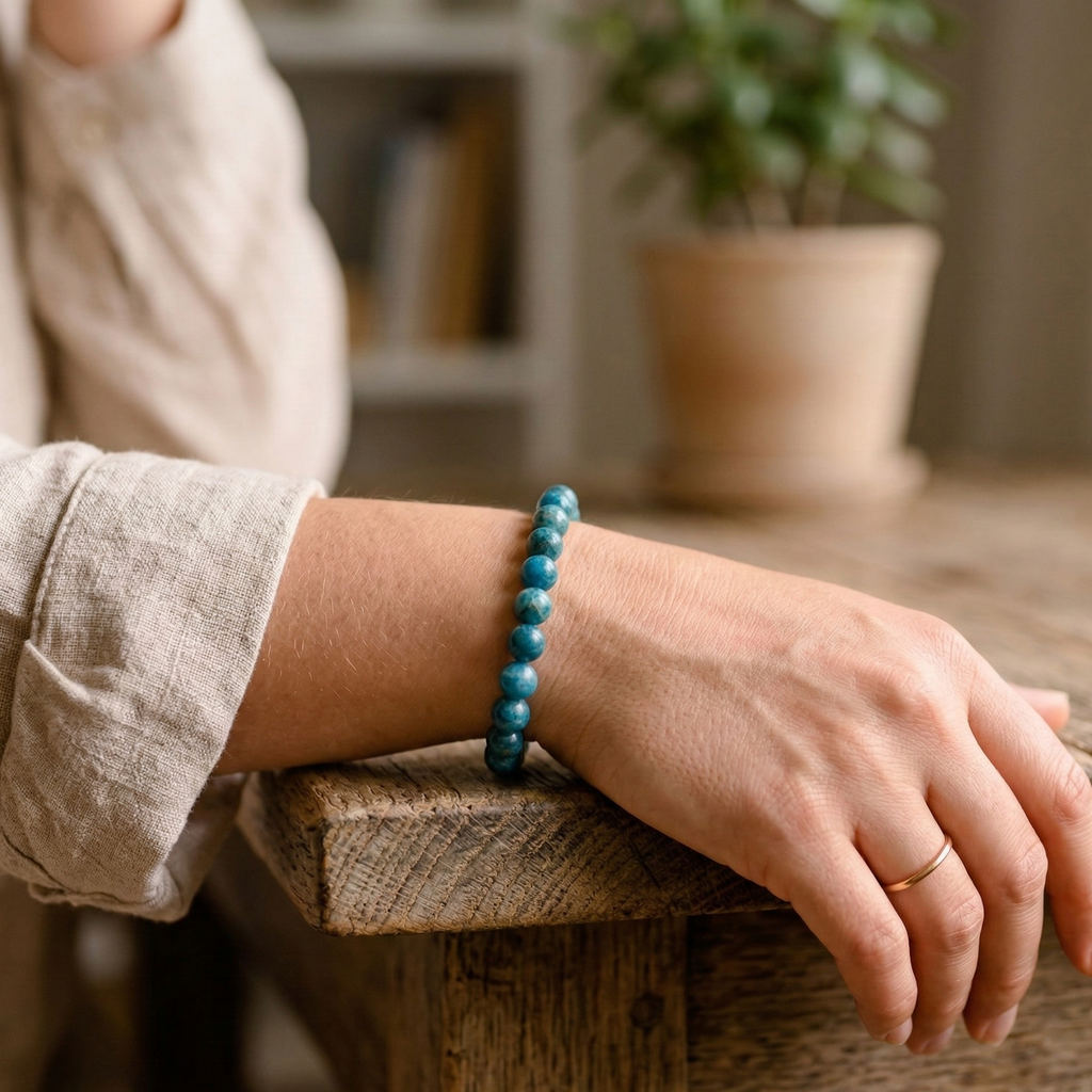 Bracelet apatite bleue detail perles 8mm polies a la main