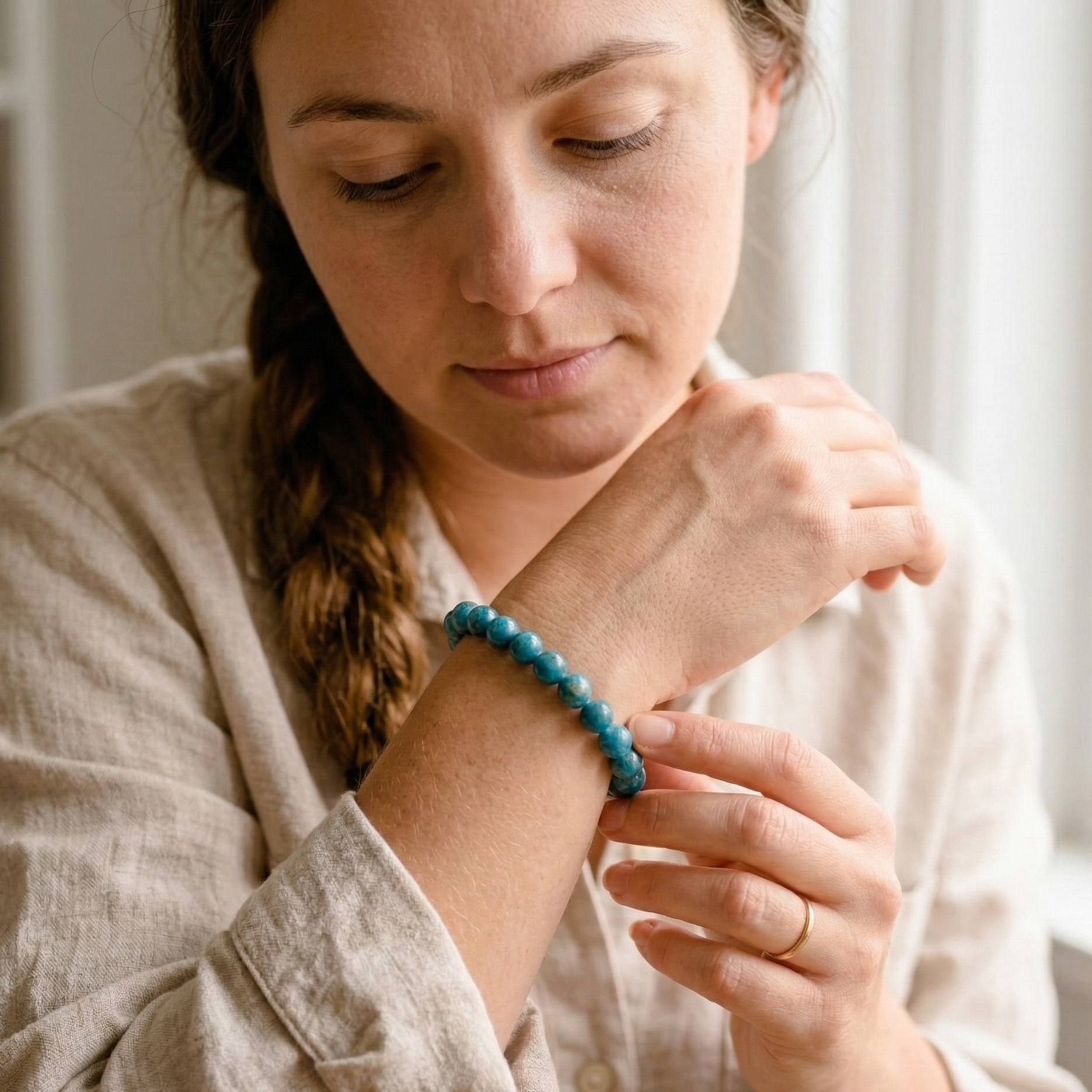 Bracelet apatite bleue vue complete Source Sacree