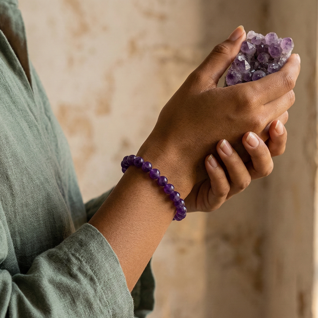 Bracelet amethyste detail perles 8mm polies a la main