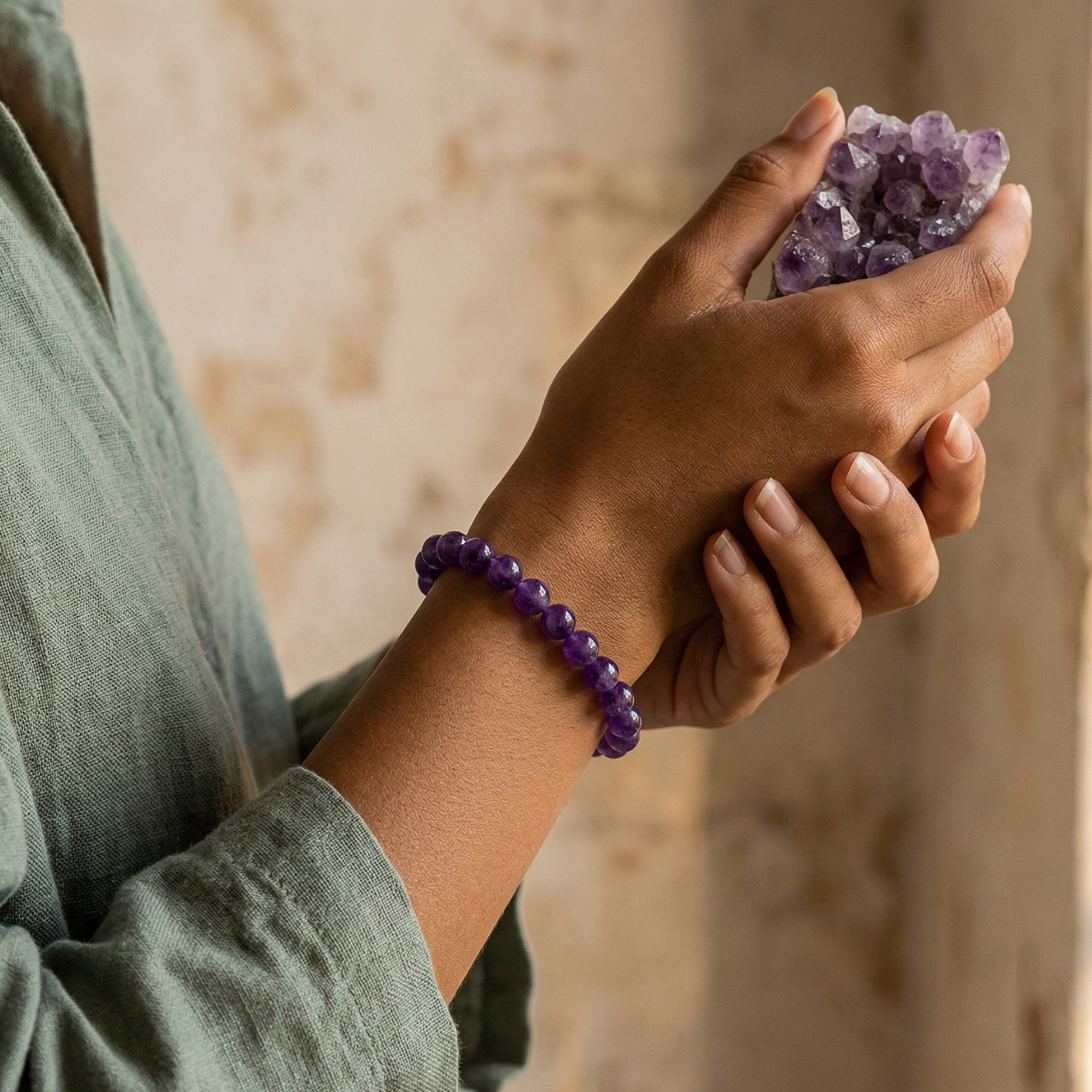 Bracelet amethyste detail perles 8mm polies a la main