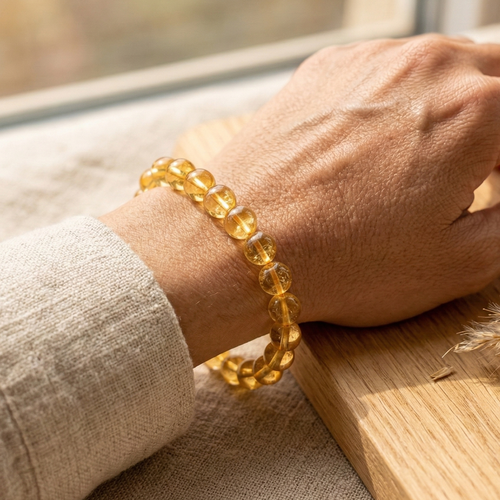 Bracelet citrine porté au poignet pierre jaune naturelle