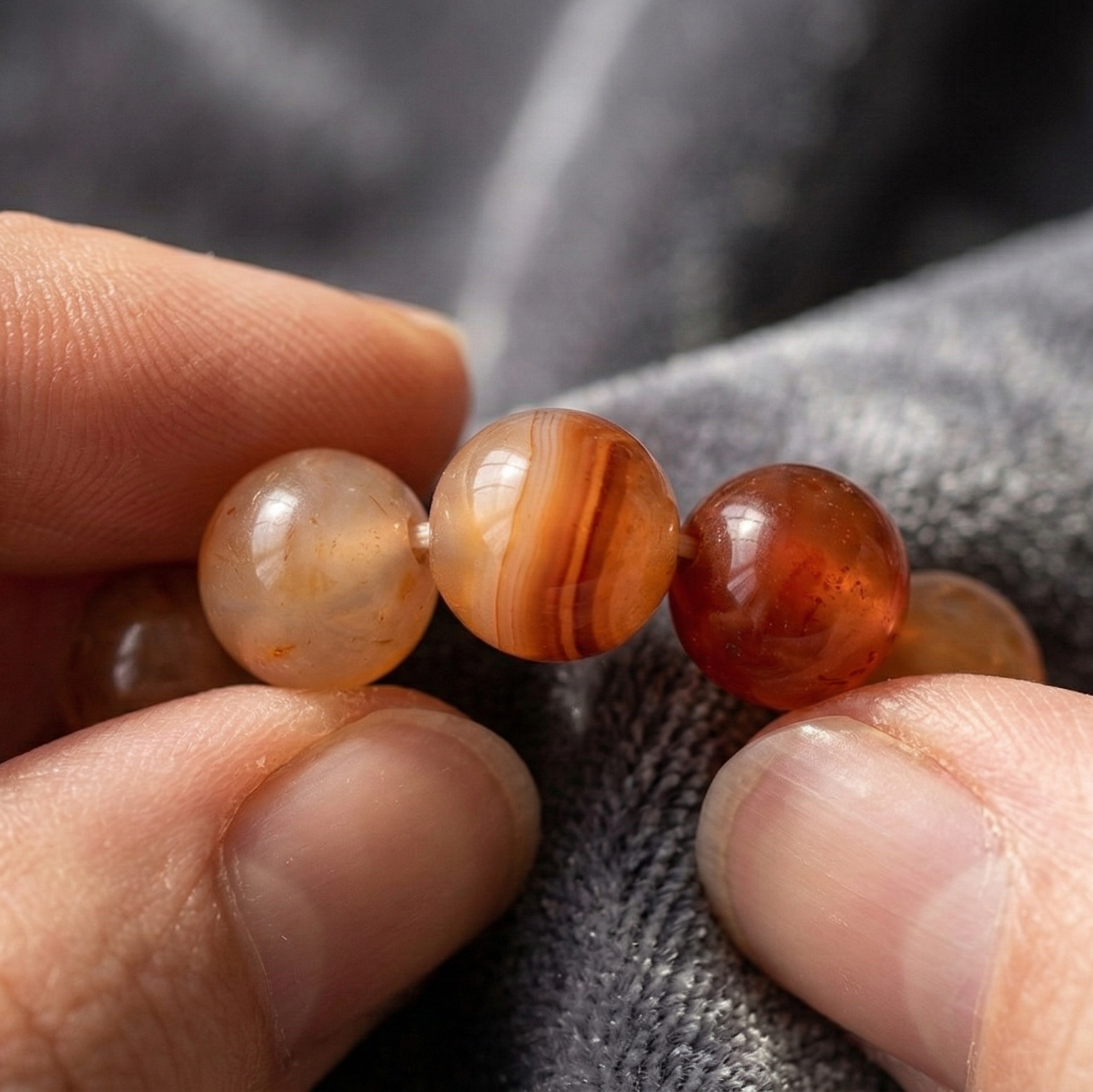 Bracelet cornaline détail perles 8mm polies à la main