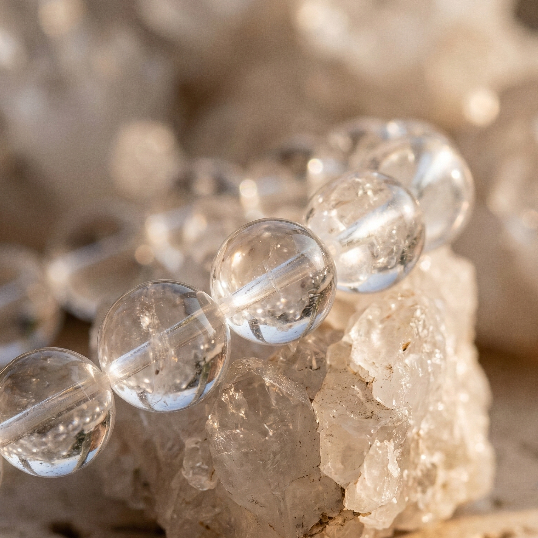 Bracelet cristal de roche perles polies gros plan clarté