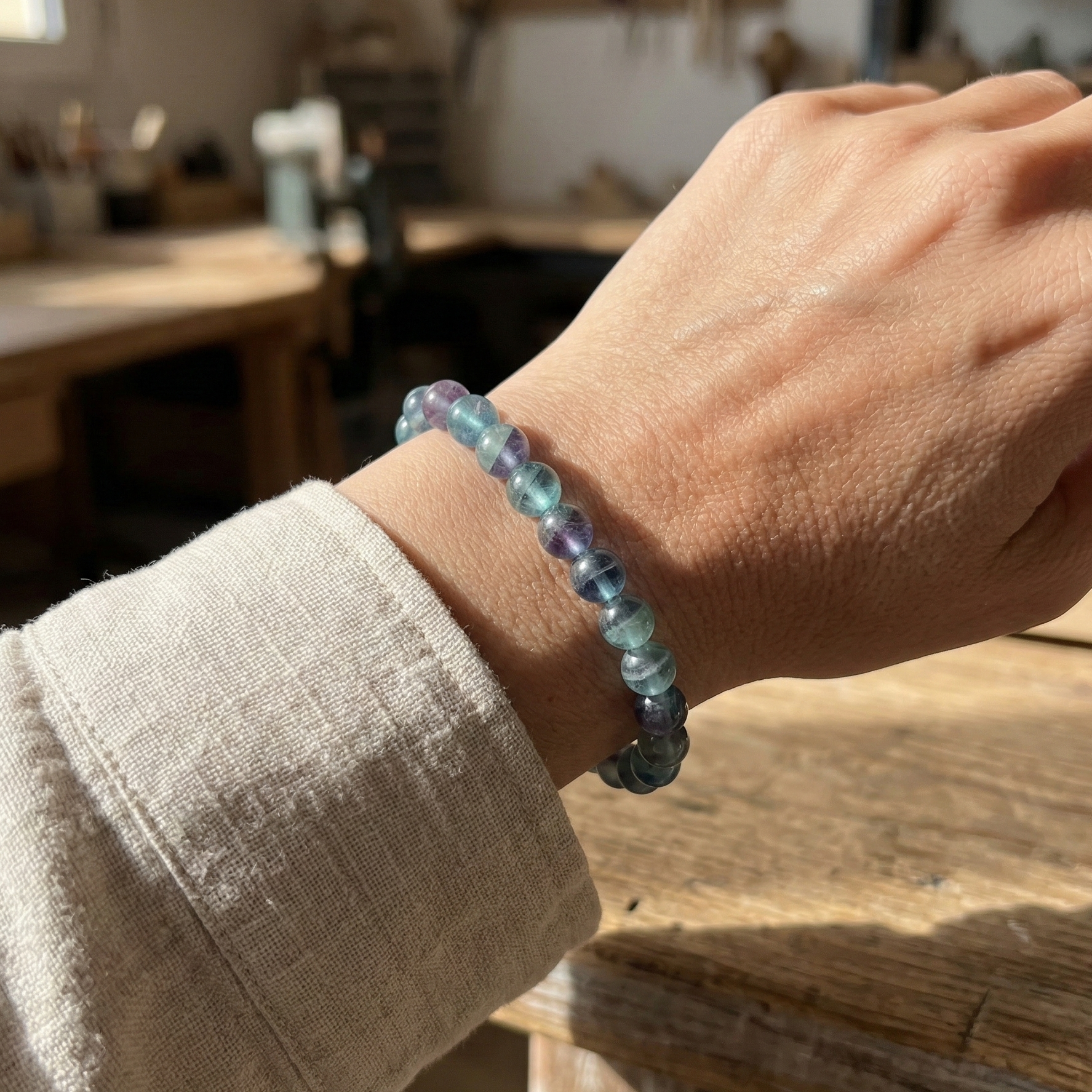 Bracelet fluorite porté au poignet pierre multicolore naturelle