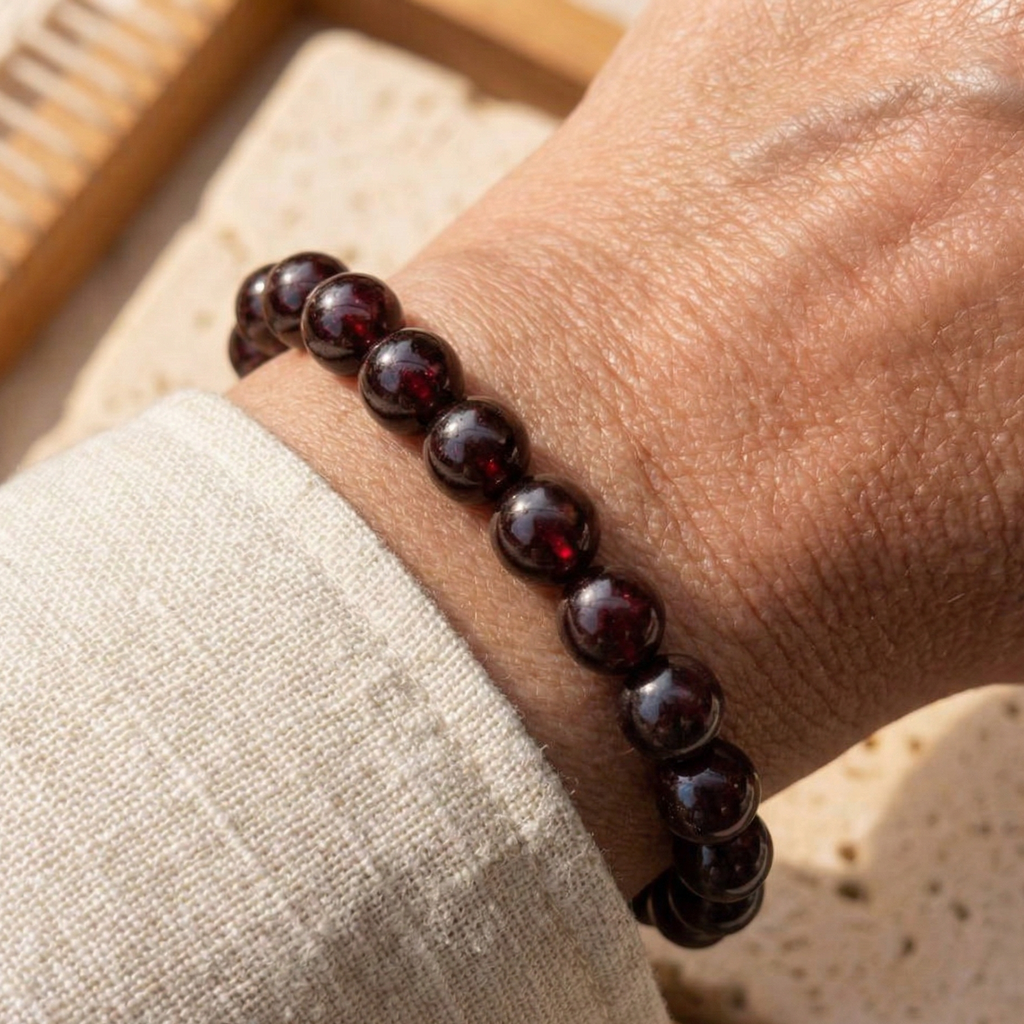 Bracelet grenat porté au poignet pierre rouge naturelle