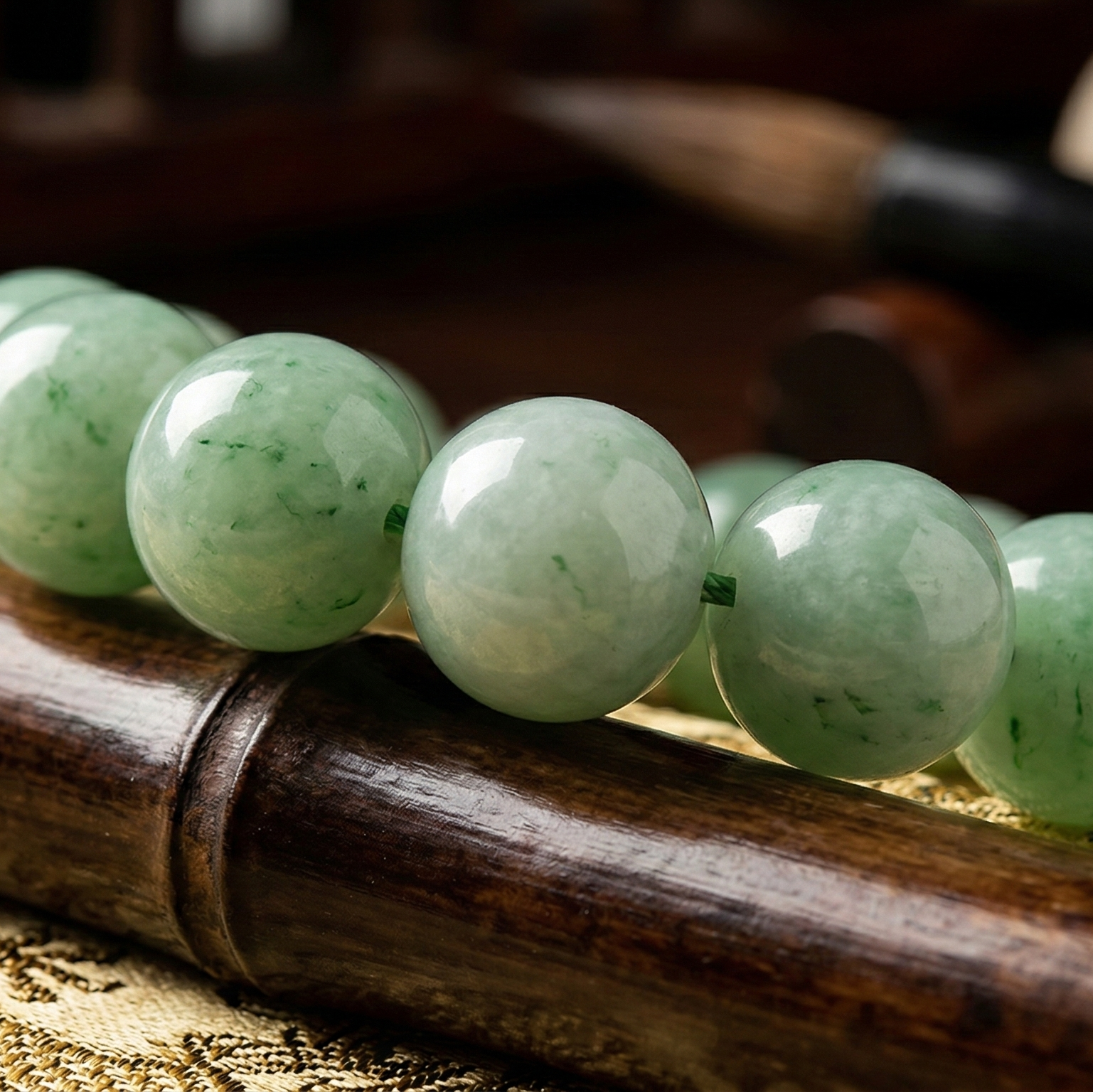 Bracelet jade perles polies gros plan harmonie prospérité