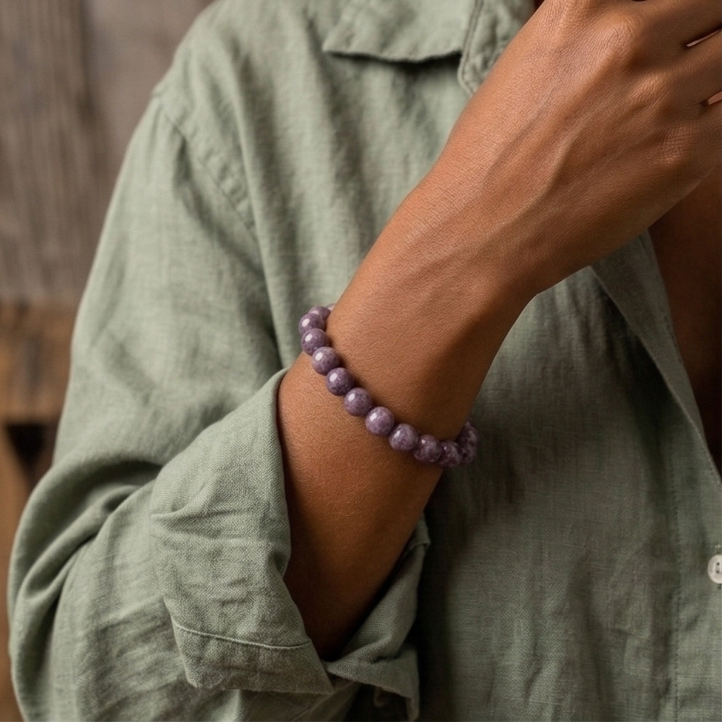 Bracelet lepidolite porte au poignet pierre violette naturelle