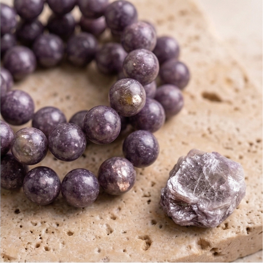 Bracelet lepidolite detail perles 8mm polies a la main