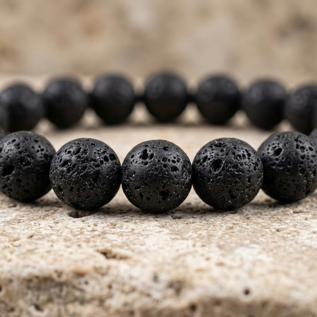 Bracelet pierre de lave volcanique porté - lithothérapie