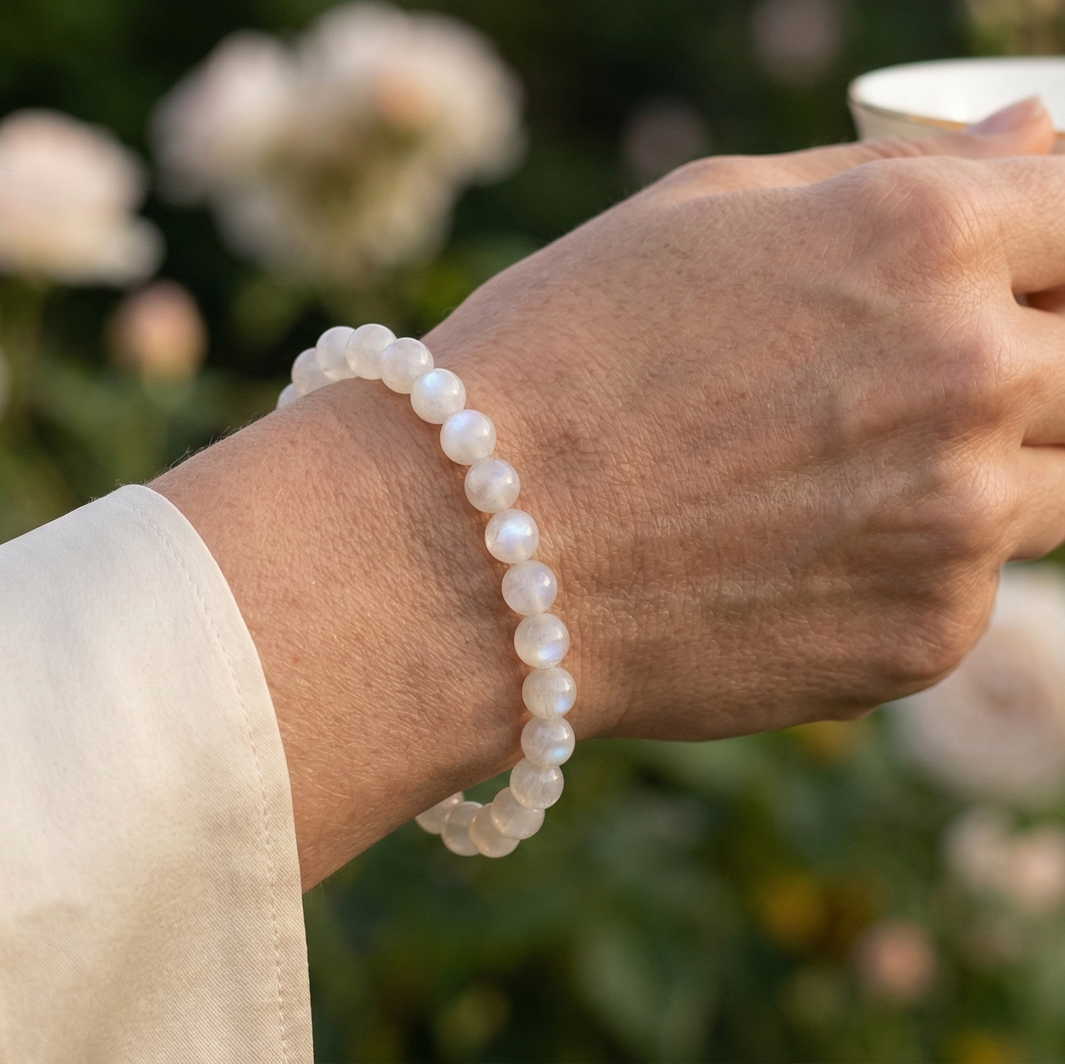 Bracelet pierre de lune porté au poignet reflets irisés