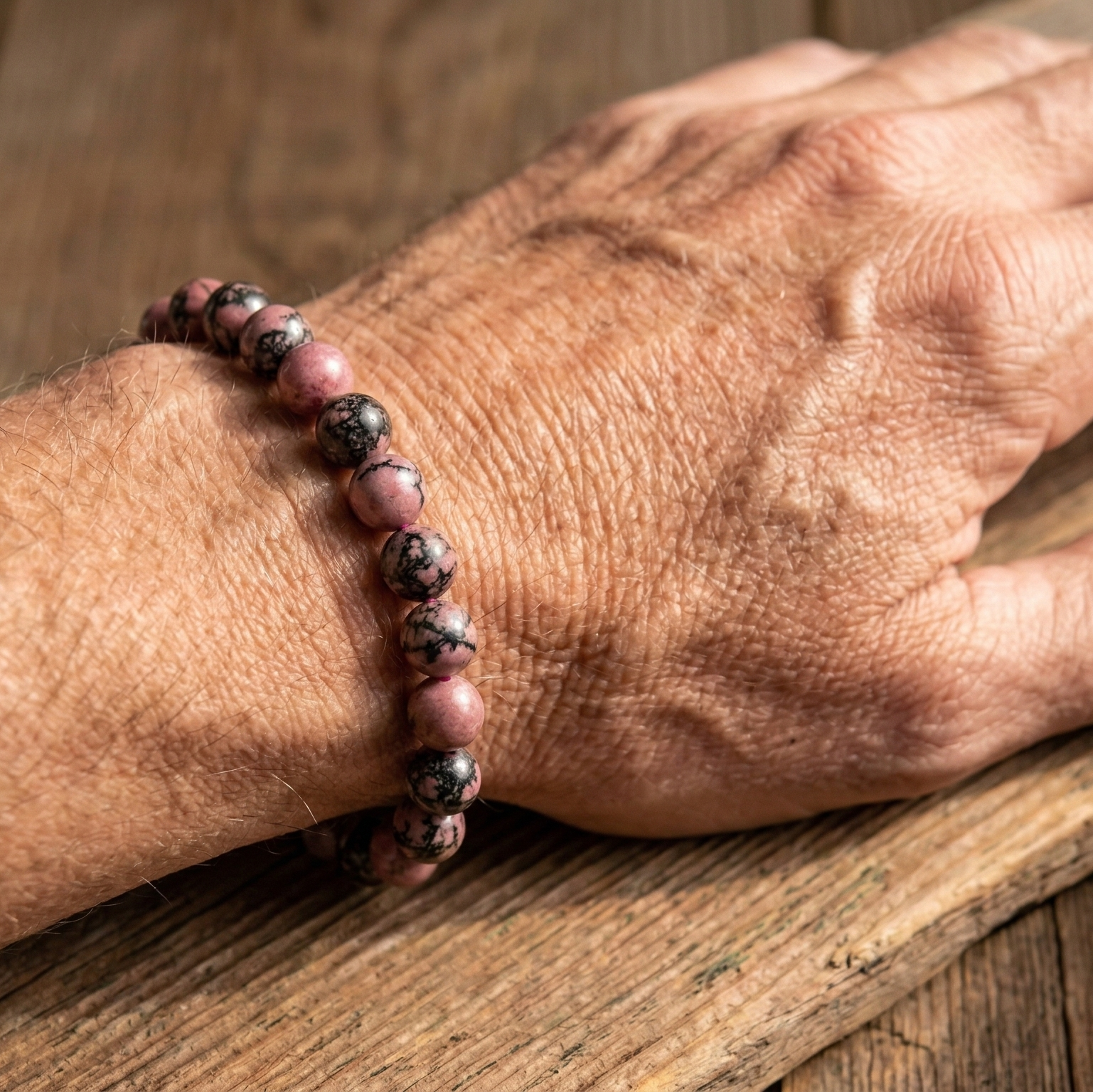 Bracelet rhodonite porté au poignet pierre rose naturelle