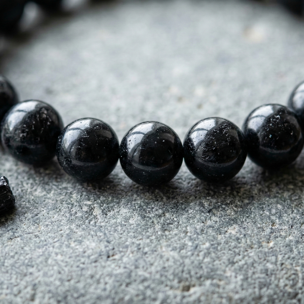 Bracelet tourmaline noire perles polies gros plan ancrage