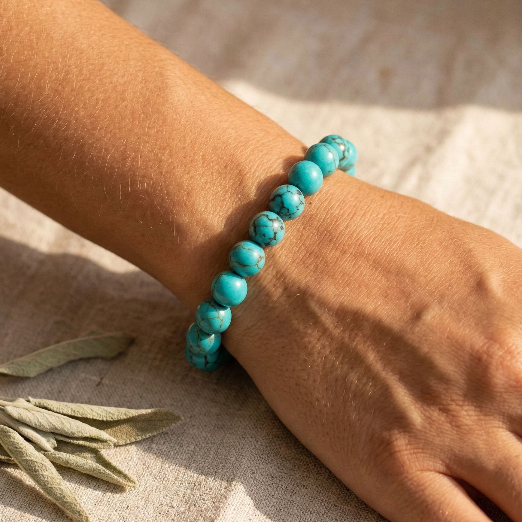 Bracelet turquoise porté au poignet pierre bleue naturelle