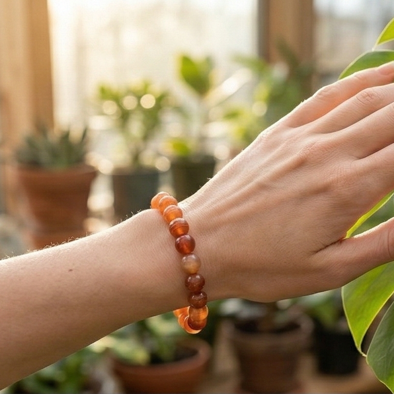 Bracelet cornaline porté au poignet pierre orange naturelle