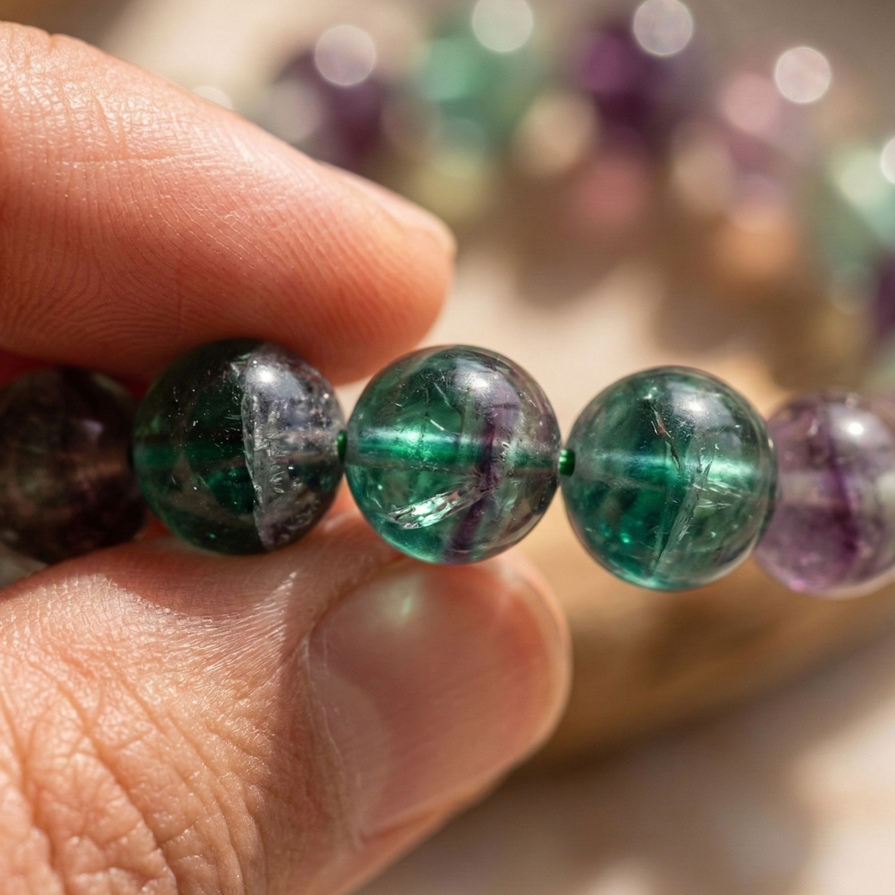 Bracelet fluorite perles polies gros plan concentration